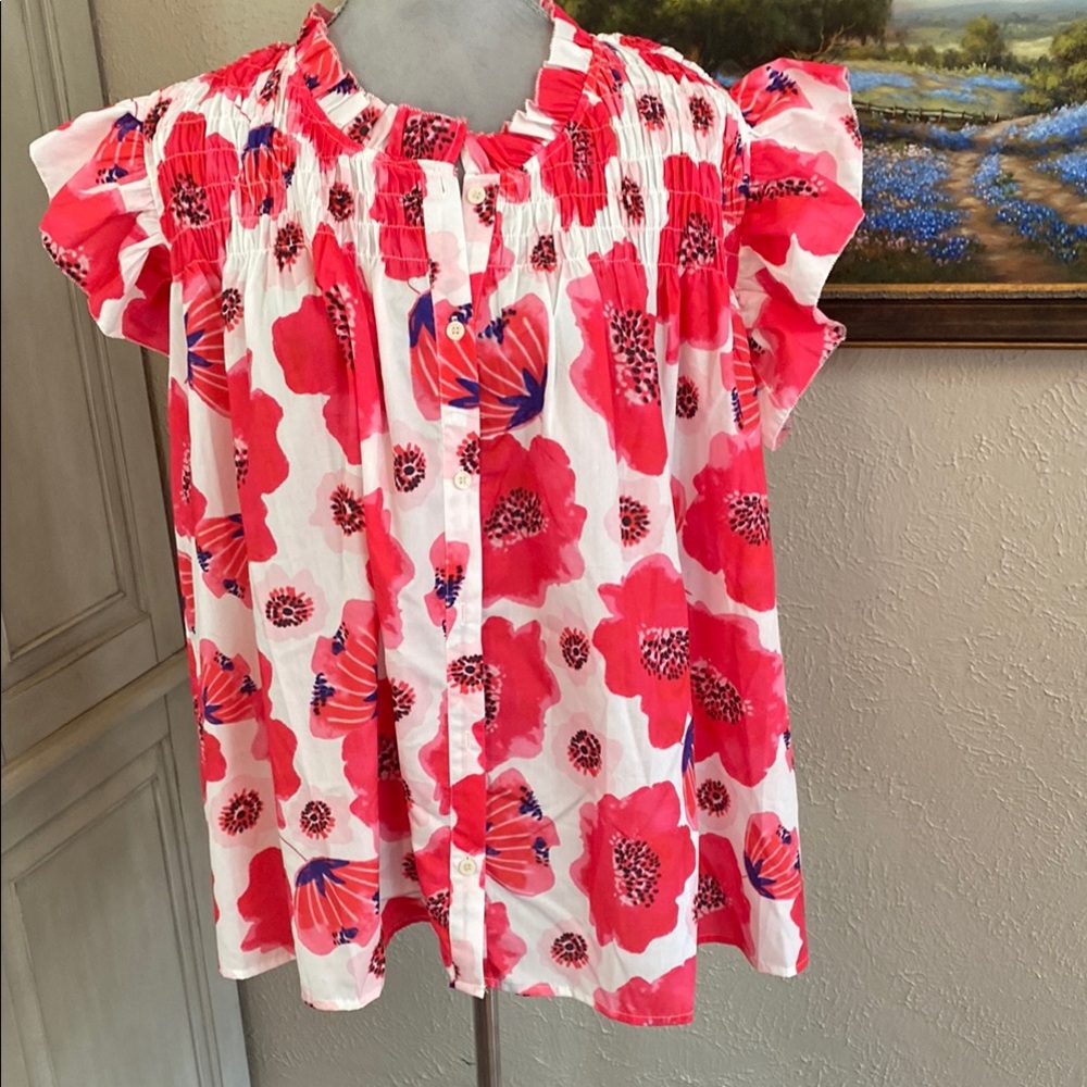 BiBi Vibrant Floral Blouse - Red and White